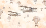 Tapet Personalizat Micii Exploratori cu avioane si baloane cu aer cald pe fundal cream - BIPLANE & BALLOONS CREAM
