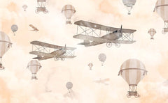 Tapet Personalizat Micii Exploratori cu avioane si baloane cu aer cald pe fundal cream - BIPLANE & BALLOONS CREAM