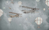 Tapet Personalizat Micii Exploratori cu avioane si baloane cu aer cald pe fundal gri - BIPLANE & BALLOONS GREY