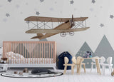 Tapet Personalizat Micii Exploratori cu avion biplan peste varfuri de munti si cer instelat - OVER THE PEAKS BIPLANE