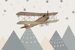 Tapet Personalizat Micii Exploratori cu avion biplan peste varfuri de munti si cer instelat - OVER THE PEAKS BIPLANE