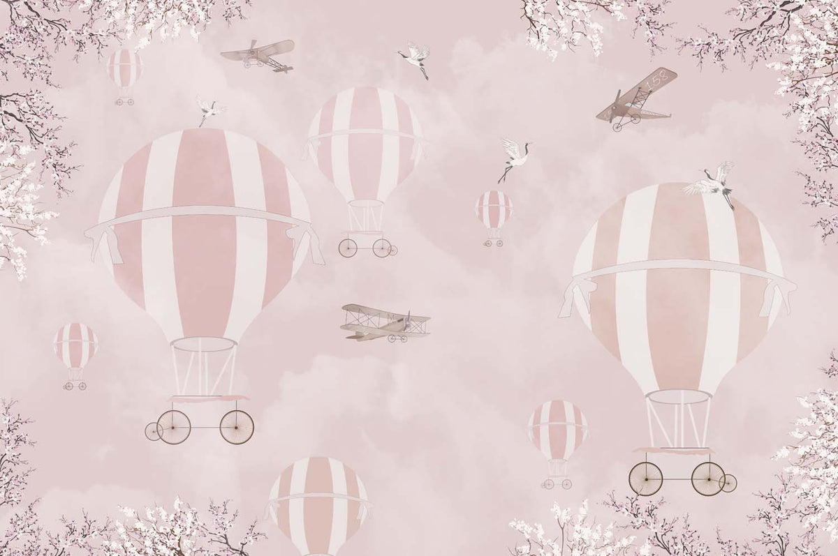 Tapet Personalizat Micii Exploratori cu baloane cu aer cald roz - CHERRY PINK BALLOONS