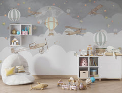 Tapet Personalizat Micii Exploratori cu avioane si baloane cu aer cald pe cerul instelat noaptea - MIDNIGHT FLIGHT