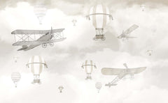 Tapet Personalizat Micii Exploratori cu avioane si baloane cu aer cald pe cerul gri - GREY SKIES PLANES