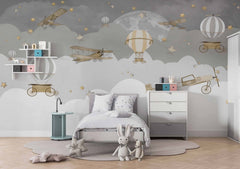 Tapet Personalizat Micii Exploratori cu avioane si baloane cu aer cald pe cerul instelat noaptea - NIGHT GREY SKY