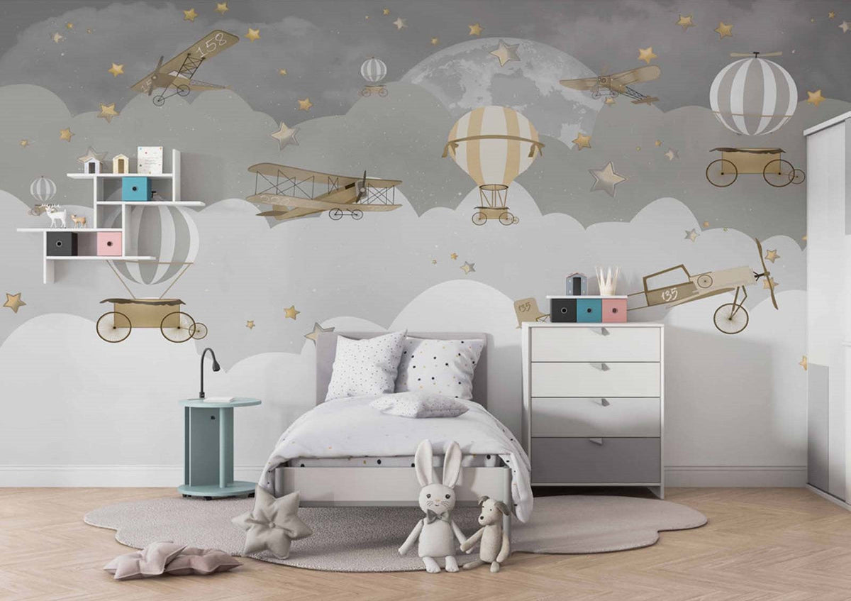Tapet Personalizat Micii Exploratori cu avioane si baloane cu aer cald pe cerul instelat noaptea - NIGHT GREY SKY