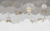 Tapet Personalizat Micii Exploratori cu avioane si baloane cu aer cald pe cerul instelat noaptea - NIGHT GREY SKY