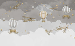Tapet Personalizat Micii Exploratori cu avioane si baloane cu aer cald pe cerul instelat noaptea - NIGHT GREY SKY