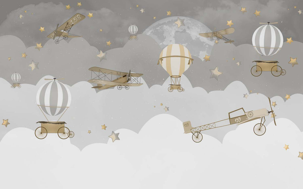 Tapet Personalizat Micii Exploratori cu avioane si baloane cu aer cald pe cerul instelat noaptea - NIGHT GREY SKY