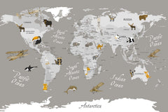 Tapet Personalizat Micii Exploratori cu harta lumii cu animale pe fundal gri inchis - GREY & ORANGE MAP