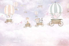 Tapet Personalizat Micii Exploratori cu animale calatorind in baloane cu aer cald pe fundal roz-mov - FAIRYTALE TRAVELS