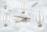 Tapet Personalizat Micii Exploratori cu baloane cu aer cald, avioane si animale in nunante de gri deschis - CALM WEATHER TRAVELS