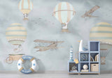 Tapet Personalizat Micii Exploratori cu baloane cu aer cald, avioane si animale in nunante de albastru gri  - CALM WEATHER TRAVELS II