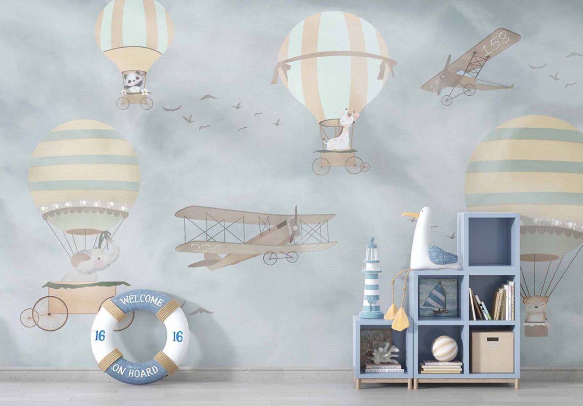 Tapet Personalizat Micii Exploratori cu baloane cu aer cald, avioane si animale in nunante de albastru gri  - CALM WEATHER TRAVELS II
