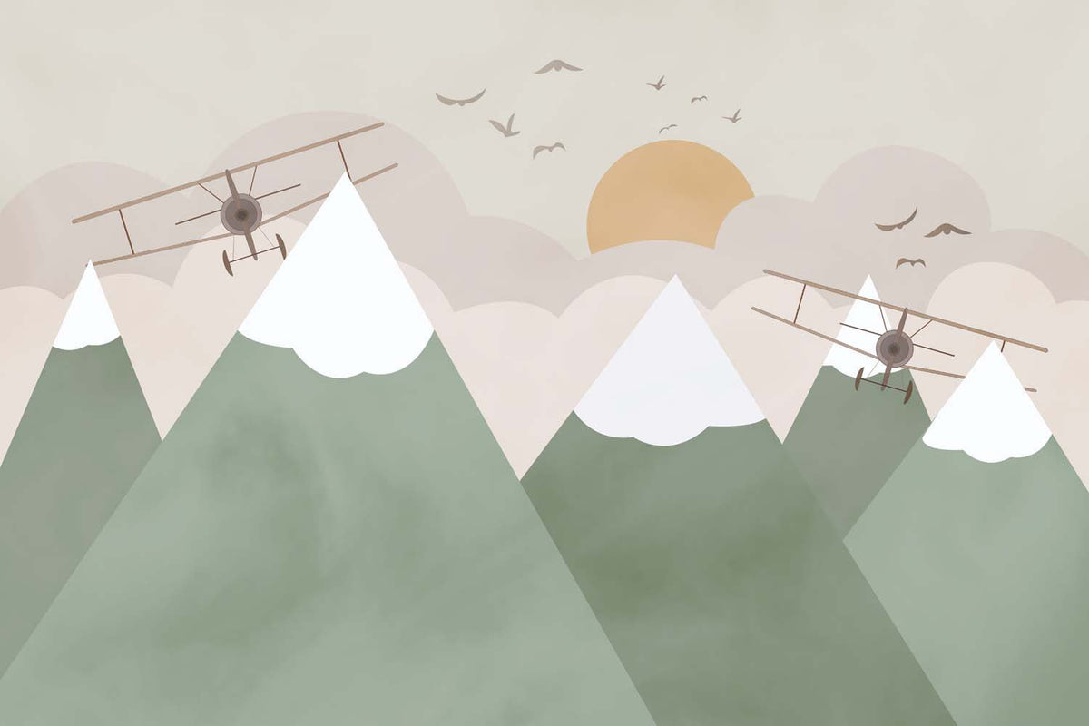 Tapet Personalizat Micii Exploratori cu avioane zburand peste muntii verzi la apus - GREEN MOUNTAINS