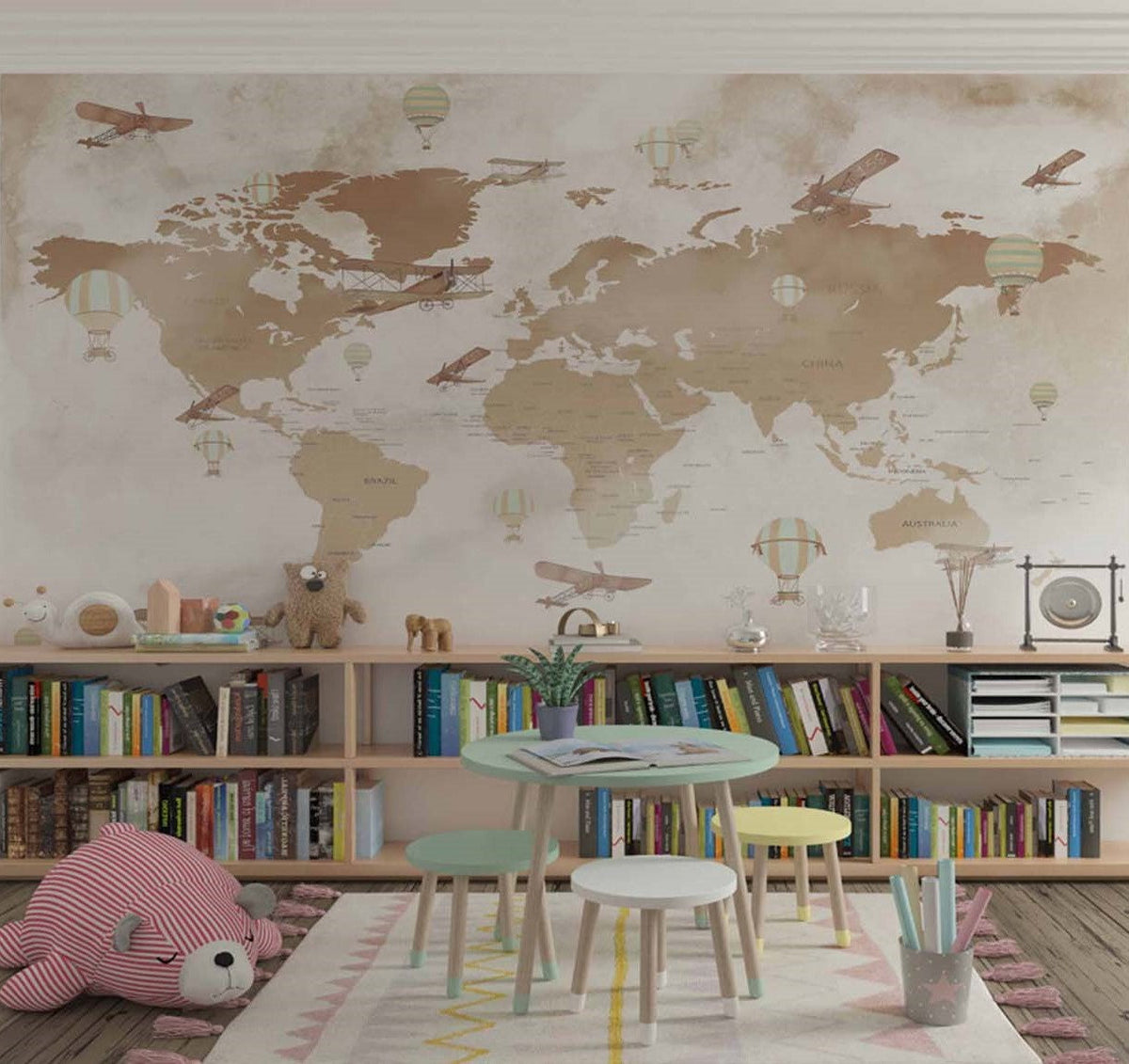 Tapet Personalizat Micii Exploratori cu harta lumii pentru copii in nuante de maro - SEPIA PLANE MAP