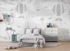 Tapet Personalizat Micii Exploratori cu baloane cu aer cald in nuante de gri - GREY SPRING BALLONS