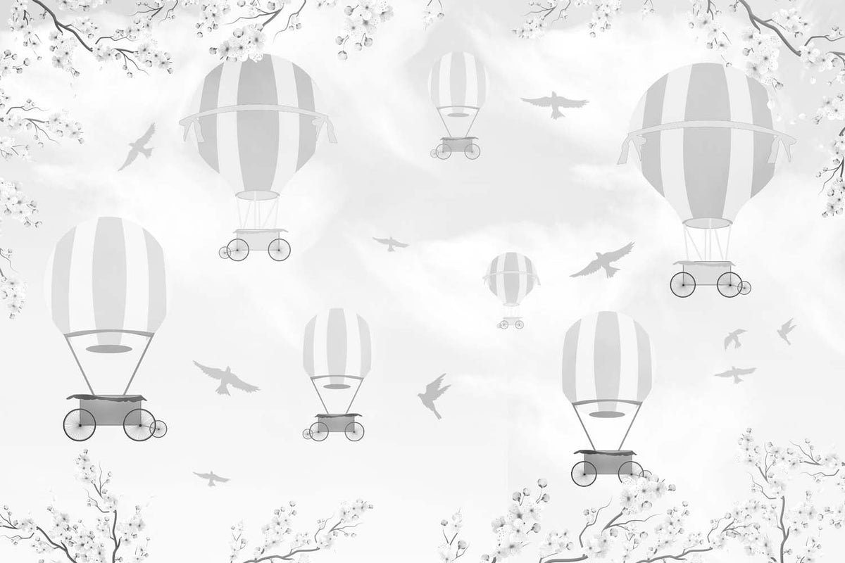 Tapet Personalizat Micii Exploratori cu baloane cu aer cald in nuante de gri - GREY SPRING BALLONS