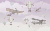 Tapet Personalizat Micii Exploratori cu avioane si baloane cu aer cald peste cerul mov - LIGHT PURPLE PLANES