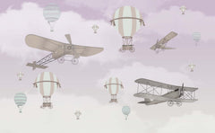 Tapet Personalizat Micii Exploratori cu avioane si baloane cu aer cald peste cerul mov - LIGHT PURPLE PLANES