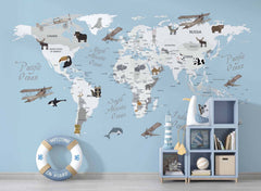 Tapet Personalizat Micii Exploratori cu harta lumii pentru copii cu animale si continente able - WHITE CONTINENTS