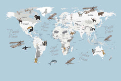 Tapet Personalizat Micii Exploratori cu harta lumii pentru copii cu animale si continente able - WHITE CONTINENTS
