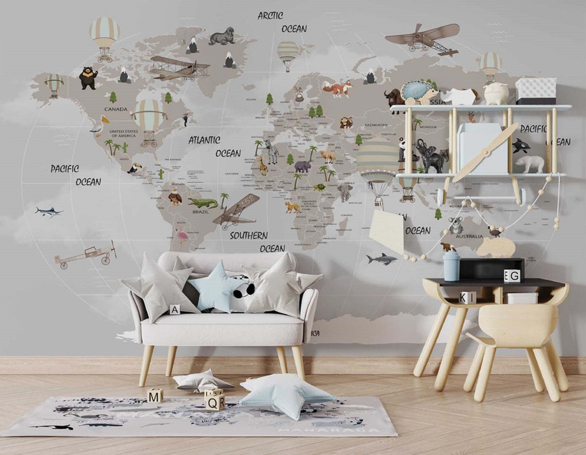Tapet Personalizat Micii Exploratori cu harta lumii pentru copii in nuante de bej-gri - GREY ROUND MAP