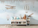 Tapet Personalizat Micii Exploratori cu avioane, baloane cu aer cald si cer senin  - DUSTY BLUE SKY