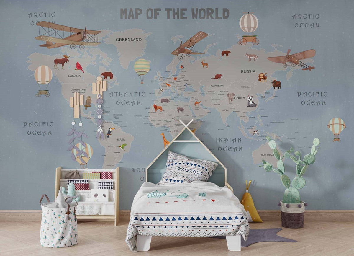 Tapet Personalizat Micii Exploratori cu harta lumii pentru copii si continente gri - DARK BLUE WORLD'S MAP