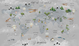 Tapet Personalizat Micii Exploratori cu harta lumii pentru copii cu munti in nuante de gri - GREY MOUNTAINS MAP