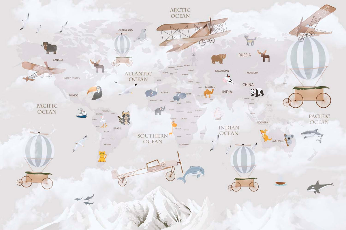 Tapet Personalizat Micii Exploratori cu harta lumii pentru copii cu munti in nuante de roz - LIGHT PINK MOUNTAIN MAP