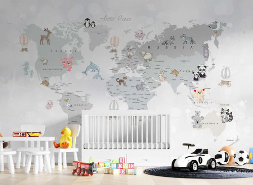 Tapet Personalizat Micii Exploratori cu harta lumii si pui de animale - BABY ANIMAL'S MAP