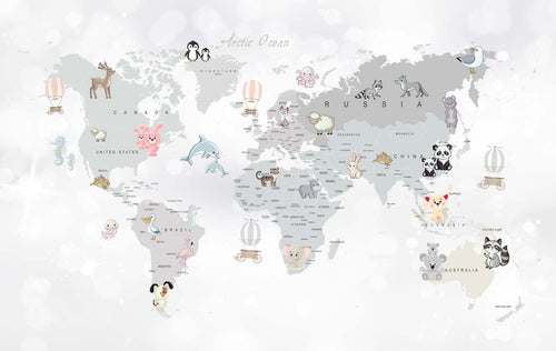 Tapet Personalizat Micii Exploratori cu harta lumii si pui de animale - BABY ANIMAL'S MAP