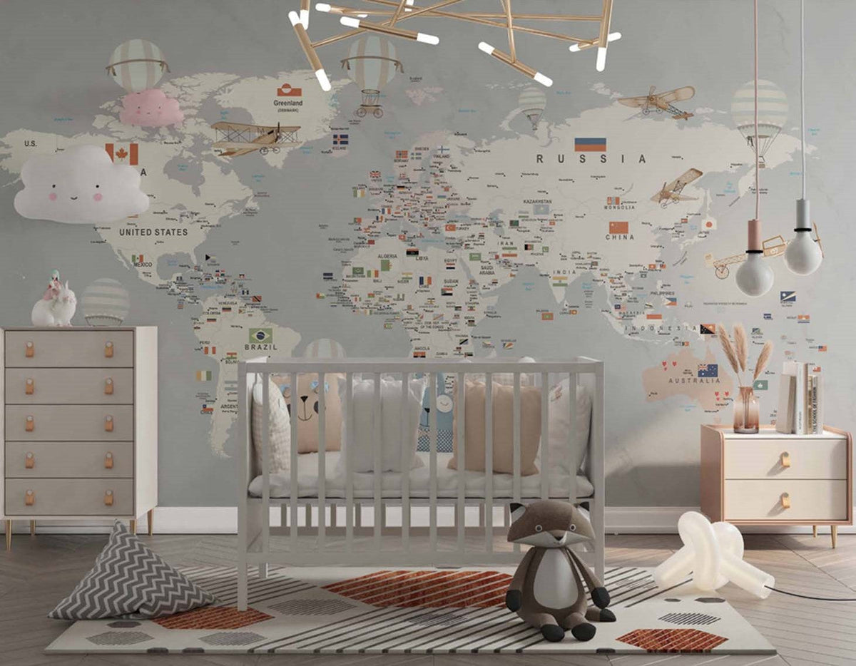 Tapet Personalizat Micii Exploratori cu harta lumii detaliata cu steaguri - TEXTURED WORLD'S MAP
