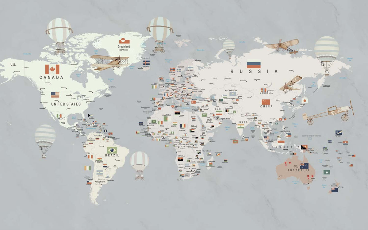 Tapet Personalizat Micii Exploratori cu harta lumii detaliata cu steaguri - TEXTURED WORLD'S MAP