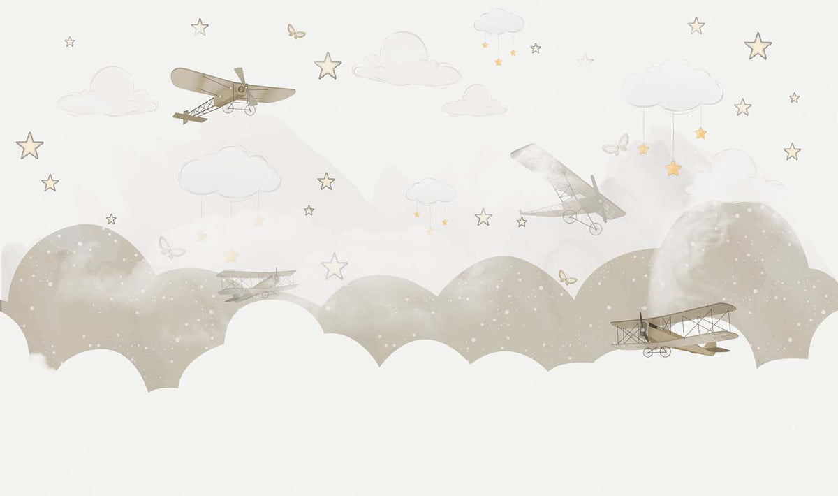 Tapet Personalizat Micii Exploratori cu avioane zburand peste norii bej - LIGHT BEIGE FLYING PLANES