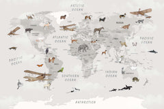 Tapet Personalizat Micii Exploratori cu harta lumii pentru copii cu animale si avioane in nuante de gri deschis - LIGHT GREY CONTINENTS