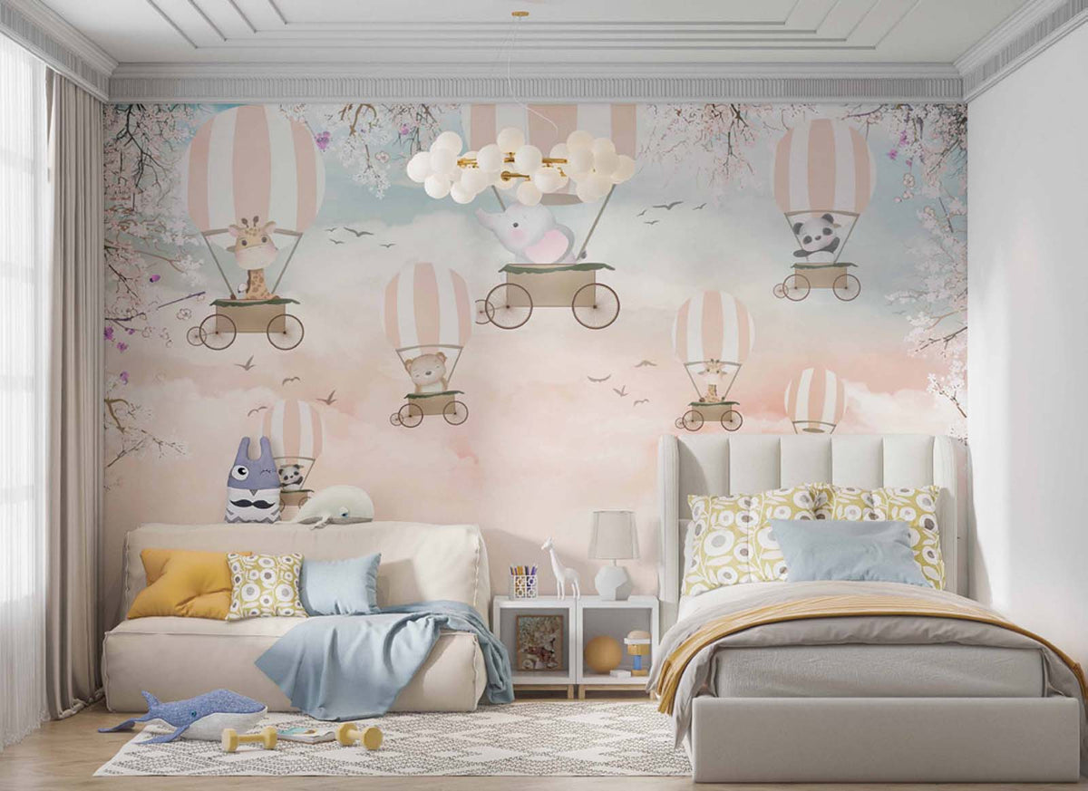 Tapet Personalizat Micii Exploratori cu baloane cu aer cald si animalute pe cerul roz pudrat - POWDERED PINK SKIES