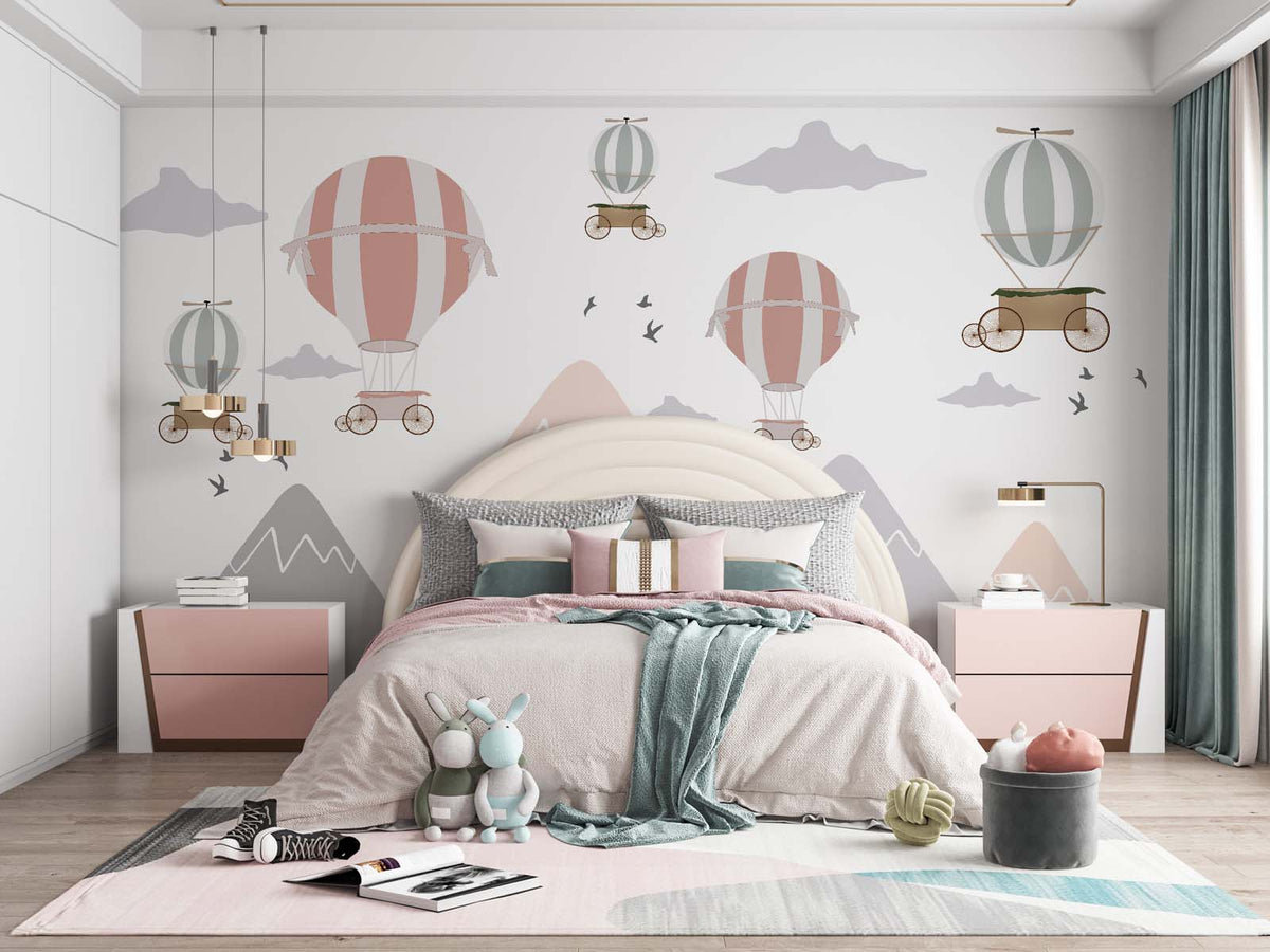 Tapet Personalizat Micii Exploratori cu munti si baloane cu aer cald pastel - PASTEL BALLOONS & MOUNTAINS