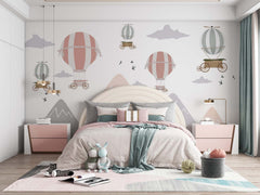 Tapet Personalizat Micii Exploratori cu munti si baloane cu aer cald pastel - PASTEL BALLOONS & MOUNTAINS