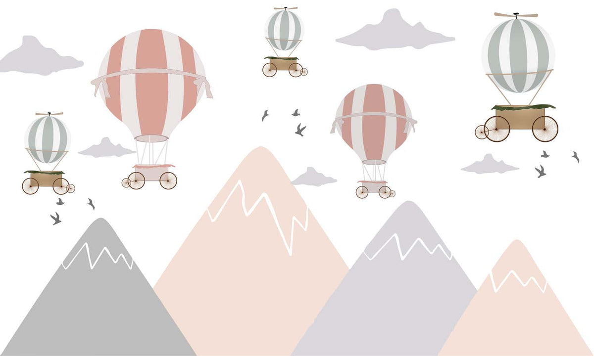 Tapet Personalizat Micii Exploratori cu munti si baloane cu aer cald pastel - PASTEL BALLOONS & MOUNTAINS