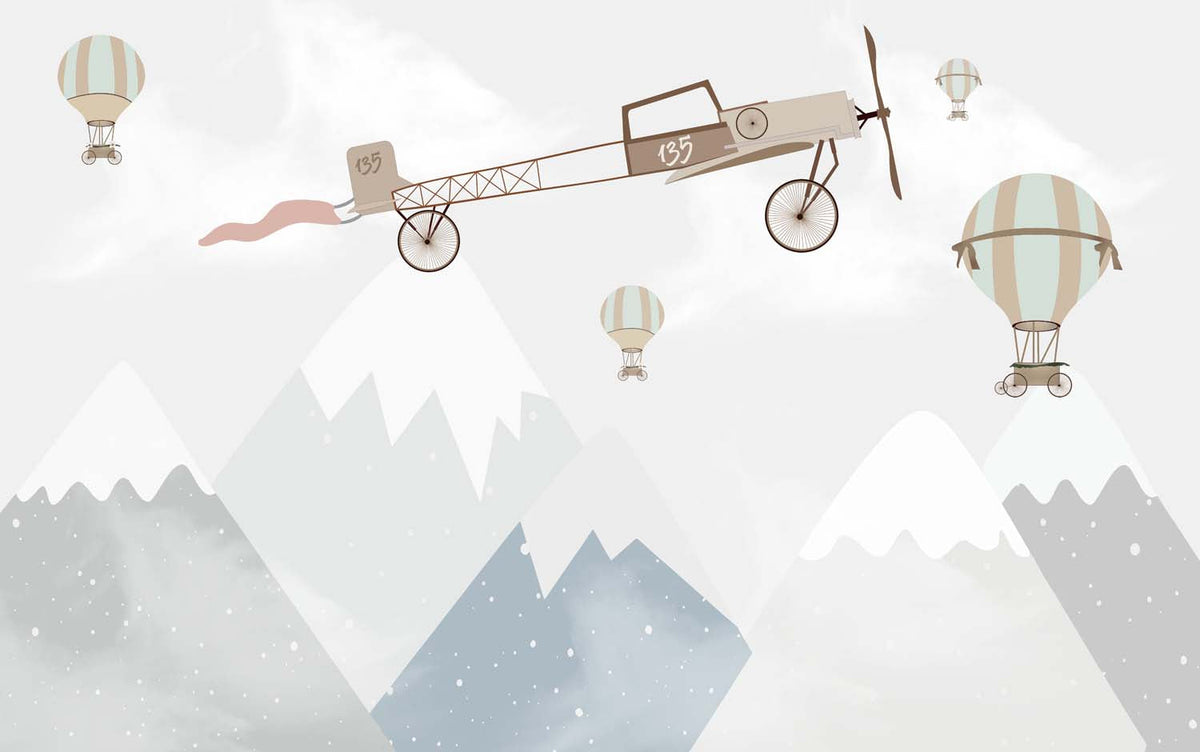 Tapet Personalizat Micii Exploratori cu munti, avioane si baloane cu aer cald - SNOWY FLIGHT