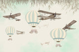 Tapet Personalizat Micii Exploratori cu avioane si baloane cu aer cald in nuante de verde - VINTAGE CYAN BALLOONS