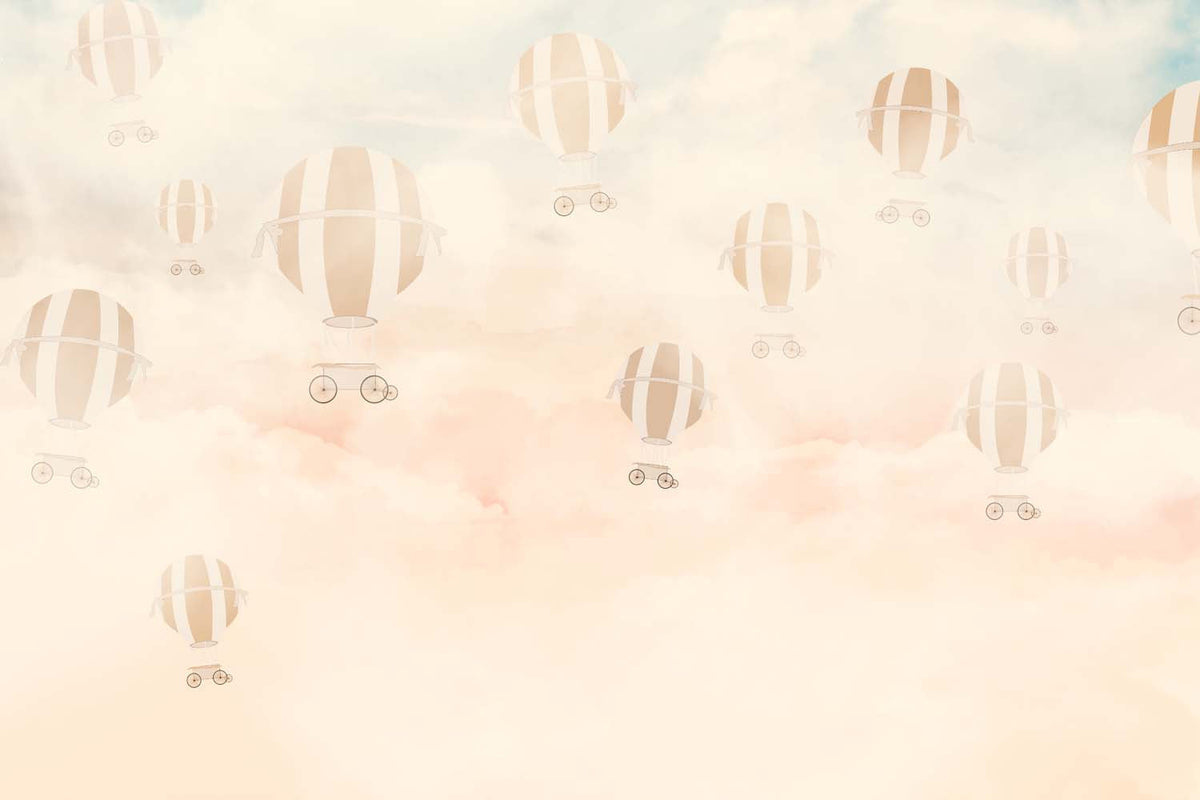 Tapet Personalizat Micii Exploratori cu baloane cu aer cald in nuante calde in ceata - FOGGY HOT AIR