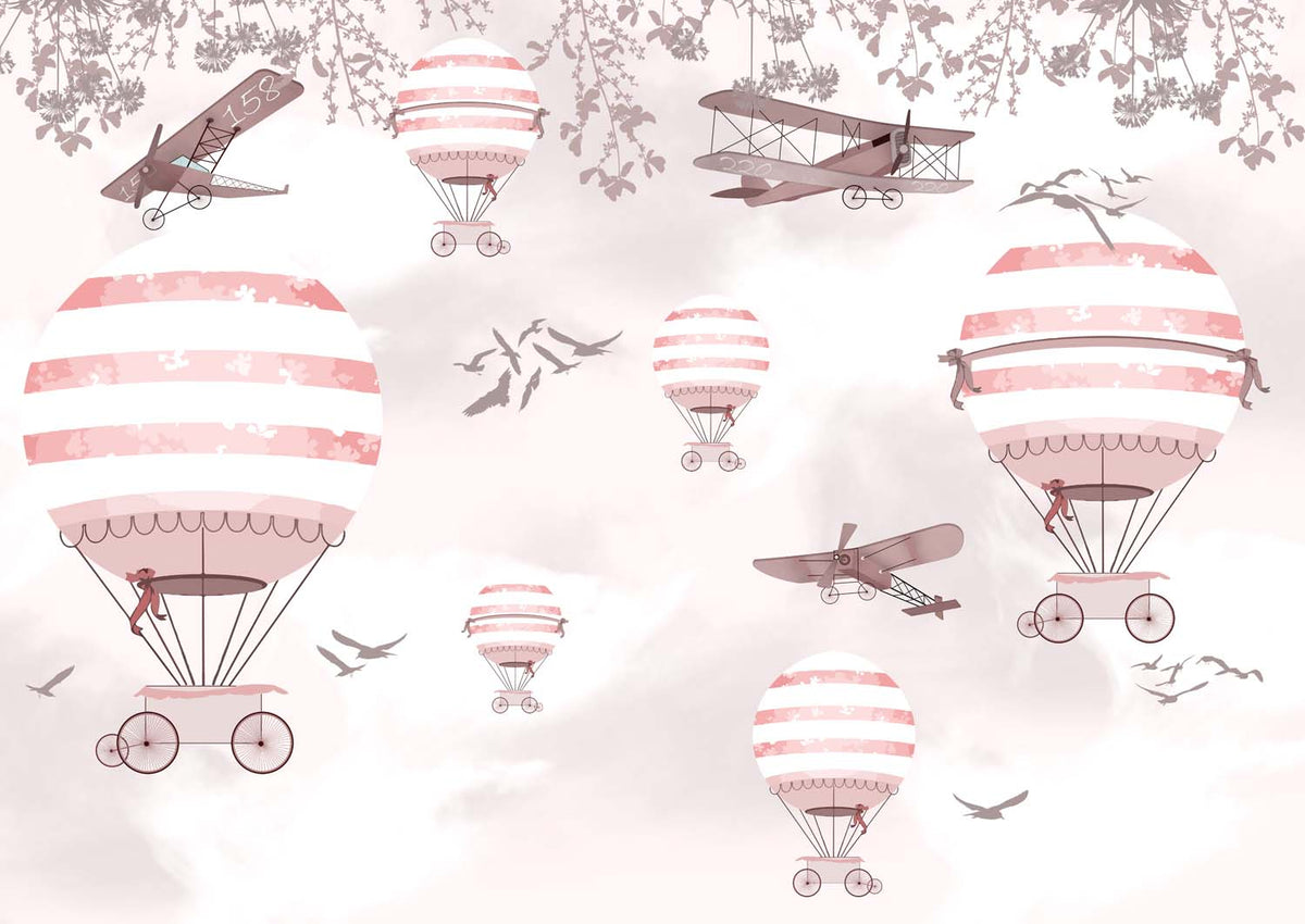 Tapet Personalizat Micii Exploratori cu avioane si baloane cu aer cald roz - PINK BIRDS BALLOONS