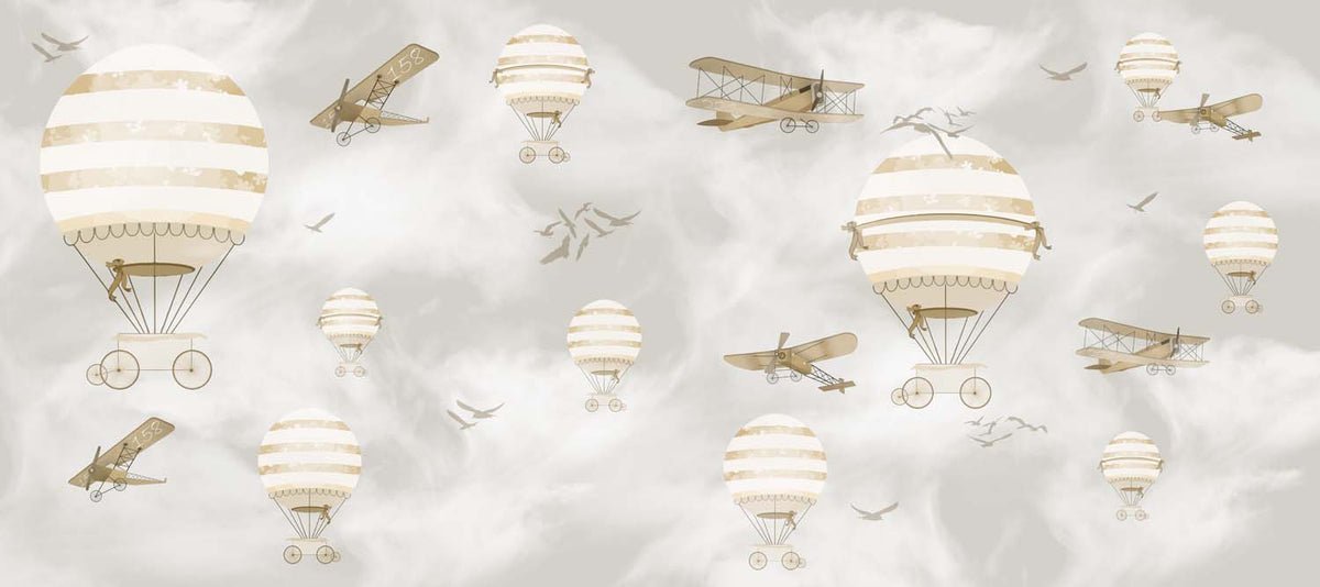 Tapet Personalizat Micii Exploratori cu avioane si baloane cu aer cald in nuante de sepia si gri - SEPIA GREY PLANES