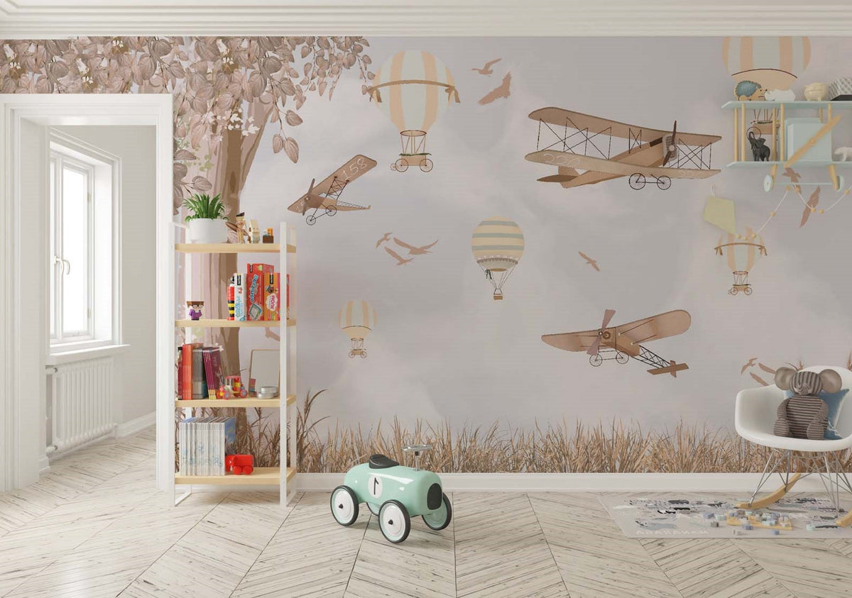 Tapet Personalizat Micii Exploratori cu avioane si baloane cu aer cald in natura - TREE FLY VIEW