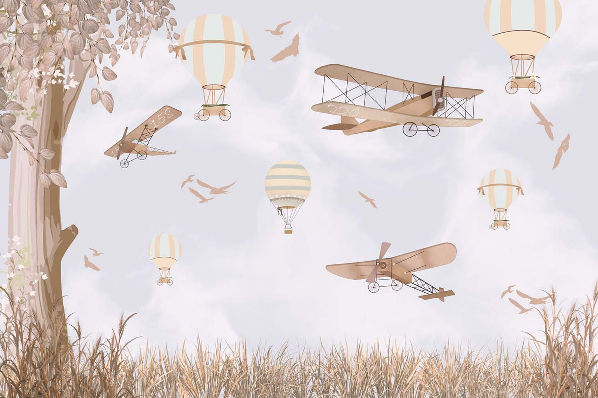 Tapet Personalizat Micii Exploratori cu avioane si baloane cu aer cald in natura - TREE FLY VIEW