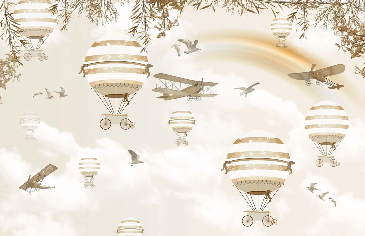 Tapet Personalizat Micii Exploratori cu baloane cu aer cald, avioane si pasari peste curcubeu in nuante sepia - SEPIA RAINBOW BALLOONS