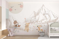 Tapet Personalizat Micii Exploratori cu animale in drumetie spre muntii bej - ANIMAL'S MOUNTAIN ADVENTURE